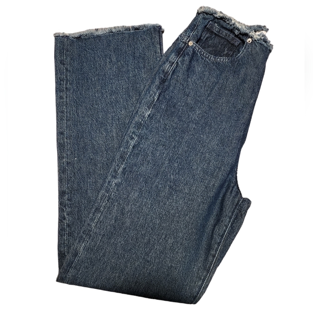 WeWoreWhat Indigo Denim True Blue Frayed Straight Wide Leg Raw Hem Jeans Size 27 - Picture 7 of 9